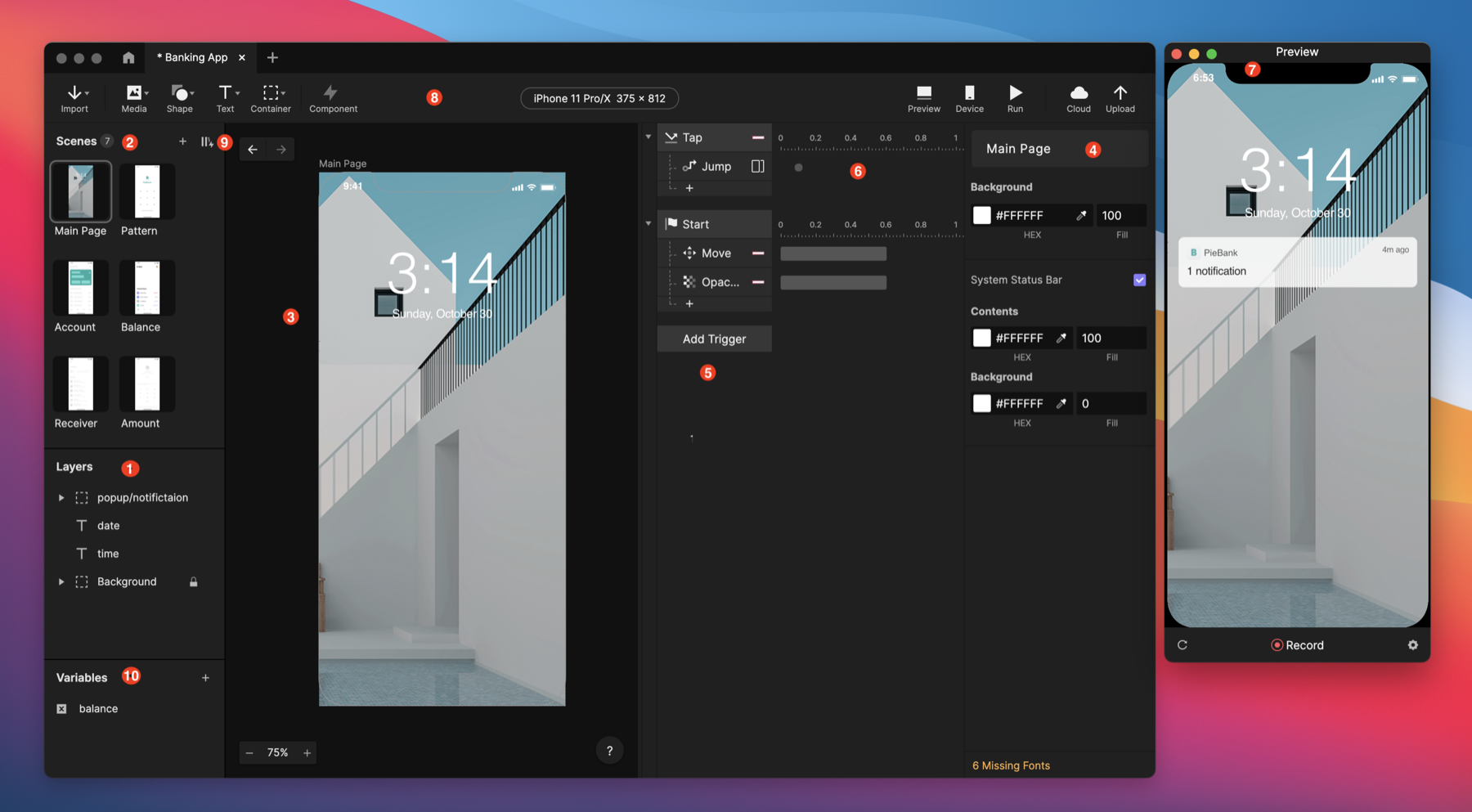 ProtoPie Studio 工作区截图:场景、图层、交互时间线、属性面板和实时预览窗口
