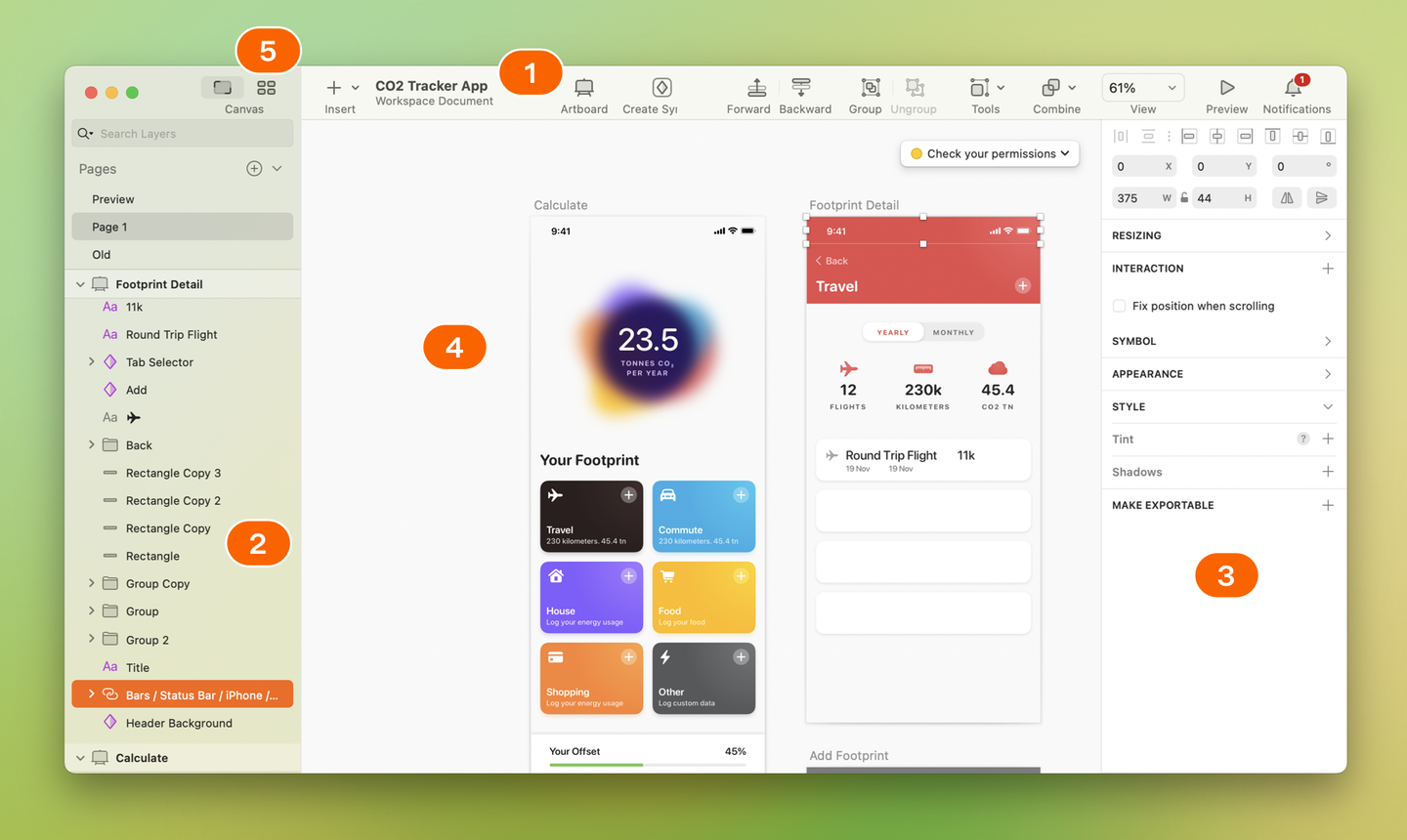 Sketch 软件界面截图:工具栏、图层列表、画布、检查器和组件视图